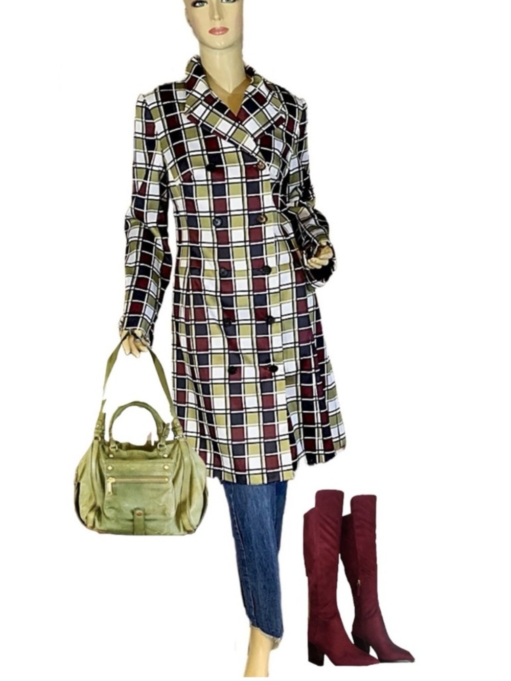 BCBGMAXAZRIA Y2K GREEN, BLUE & BURGUNDY CHECK PRINT TRENCH COAT JACKET (10)